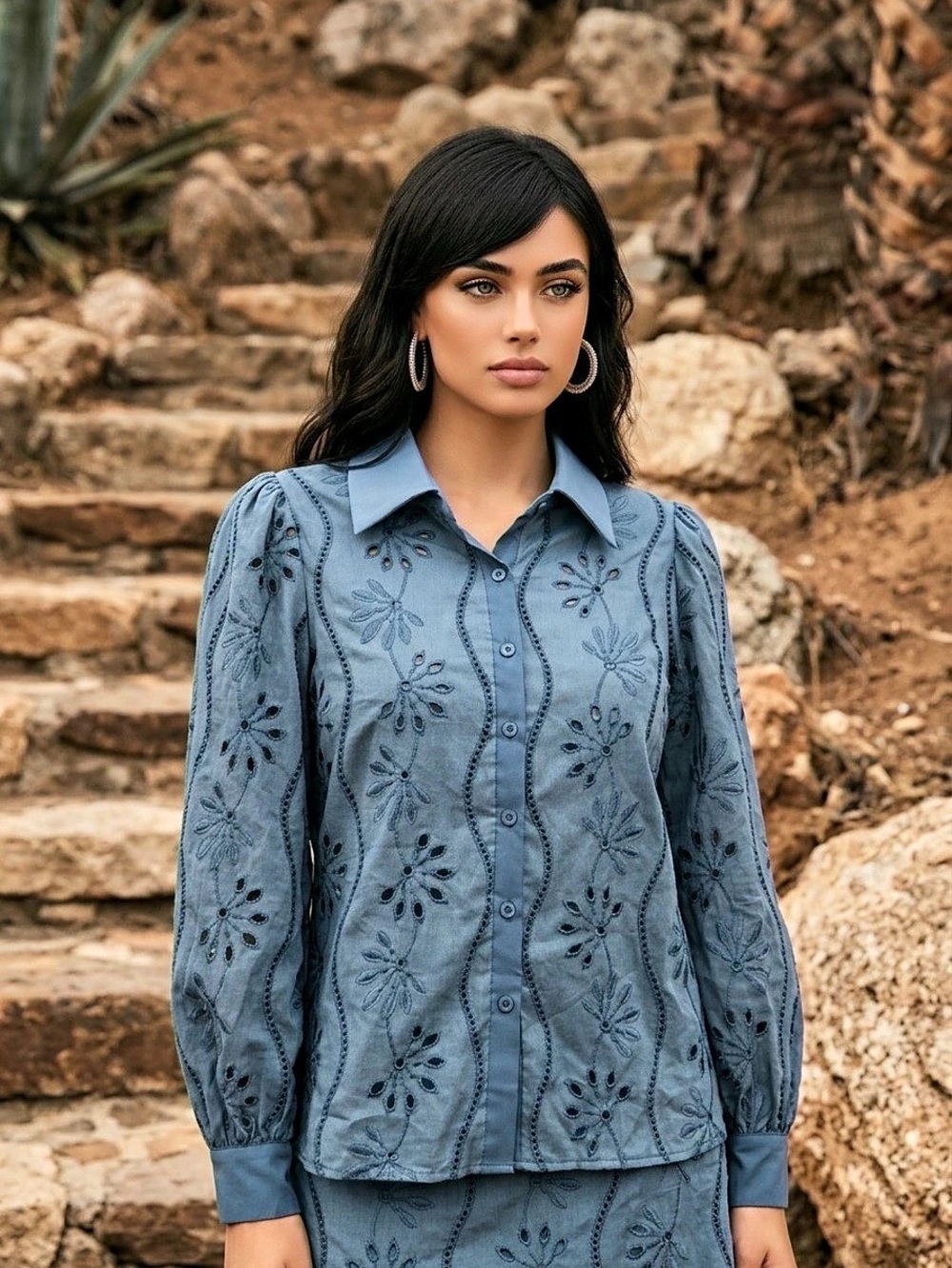 Blue Eyelet Embroidered Puff Sleeve Top Floral Embroidered